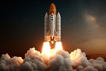 Fototapeta premium Rocket launches into the night sky, illuminating clouds with fiery flames and smoke