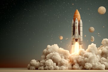 Rocket launches into space with vibrant flames and a starry background featuring distant planets