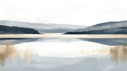 Fototapeta premium Serene landscape painting of a calm lake reflecting mountains and sky in muted blue, beige, and grey tones.