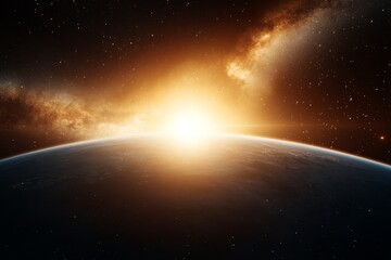 Fototapeta premium Vibrant sunrise over Earth with cosmic background illuminating the universe