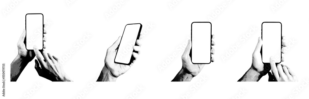Poster hand holding a smartphone with a blank screen. retro, vintage grayscale design with halftone texture