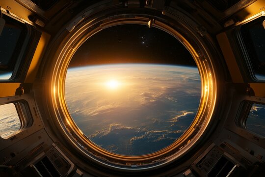 Fototapeta Stunning view of sunrise over Earth from spacecraft window in low Earth orbit