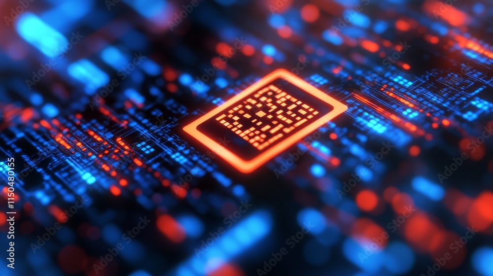 Poster digital circuit board with glowing patterns and a central qr code at night showcasing modern technol