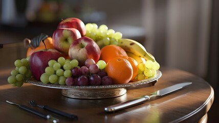 Fresh and Zesty Fruit Platter with Knife on Rustic Wood