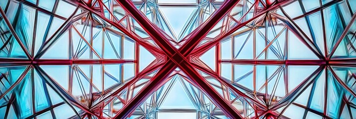 Abstract symmetrical view of a glass and steel structure.