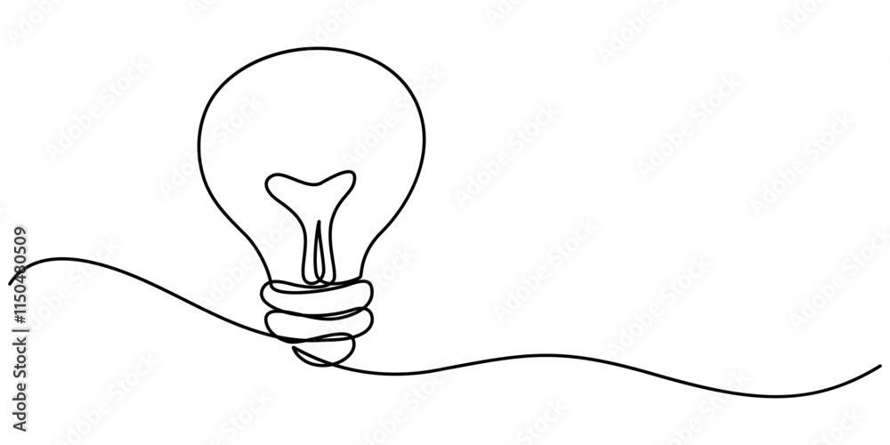 Poster Drawing of an electric light bulb with continuous line, Continuous one line drawing  light bulb concept, Light bulb continuous line vector illustration with editable stroke. Single line art of light. 