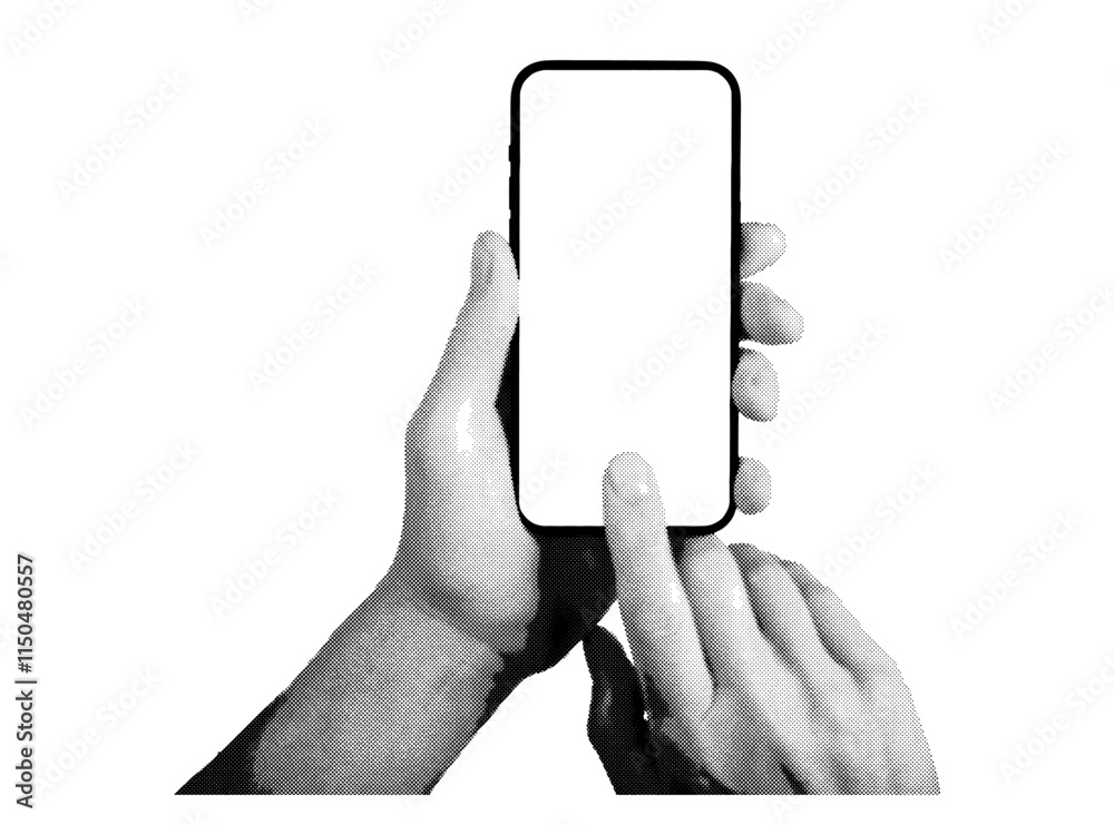 Poster hand holding a smartphone with a blank screen, tapping to take a photo. retro, vintage grayscale des