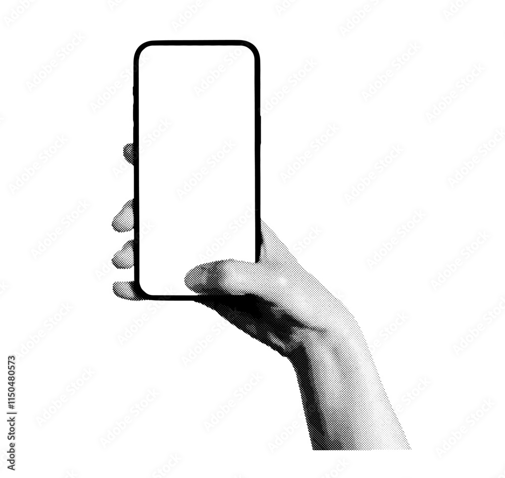 Poster hand holding a smartphone with a blank screen, tapping with thumb to take a photo. retro, vintage ha