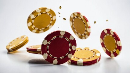 Golden casino chips falling, cut out
