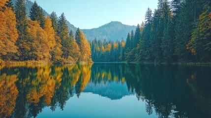 Fototapeta premium Serene Autumn Landscape with Colorful Trees and Tranquil Lake