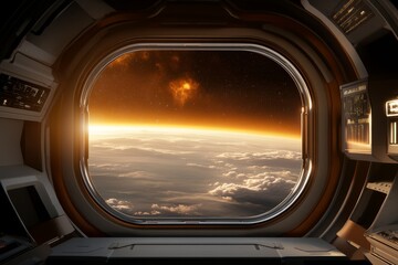 Fototapeta premium View of Earth from a spacecraft window during a stunning sunset over the atmosphere