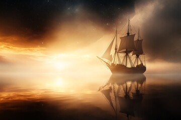Fototapeta premium Majestic sailing ship gliding through calm waters under golden sunset sky near horizon