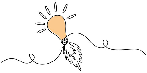 Idea light bulb flying to the sky like a rocket continuous one line drawing, Leadership, Start-up, project launch, idea, Light bulb with the word IDEA, Creative idea innovation, pro vector. 