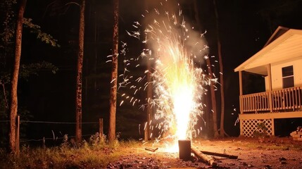 Obraz premium Bright fireworks illuminate the dark outdoor area beside the cabin, creating a festive atmosphere