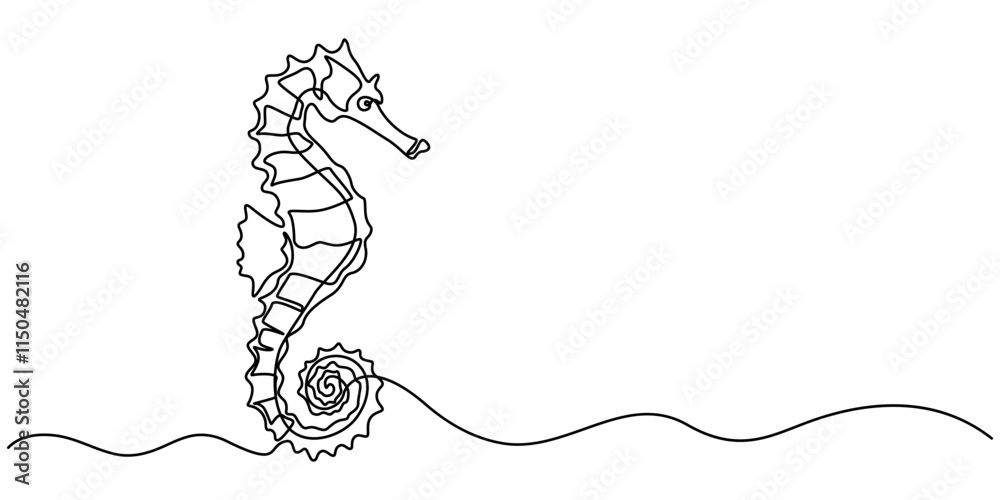 Poster Seahorse swims underwater.Set of sea ocean elements.One continuous line .One continuous drawing line logo isolated minimal illustration, Continuous curve one line drawing of cute swimming seahorse. 