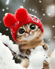 Fototapeta premium A cute kitten wearing a red hat plays amidst the falling snow.