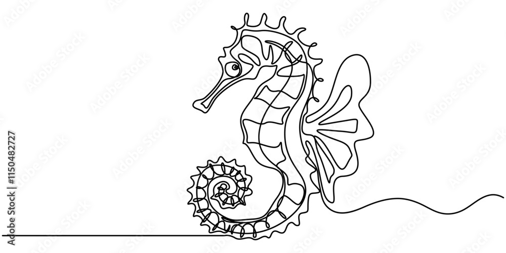 Poster seahorse swims underwater.set of sea ocean elements.one continuous line .one continuous drawing line