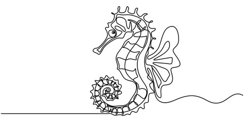 Obraz premium Seahorse swims underwater.Set of sea ocean elements.One continuous line .One continuous drawing line logo isolated minimal illustration, Continuous curve one line drawing of cute swimming seahorse. 