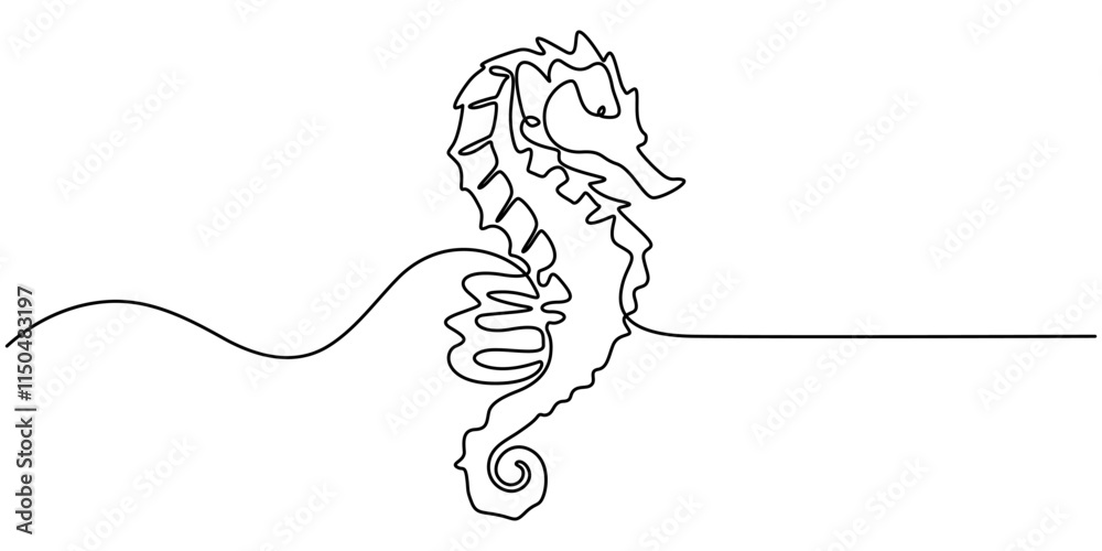 Aufkleber seahorse swims underwater.set of sea ocean elements.one continuous line .one continuous drawing line