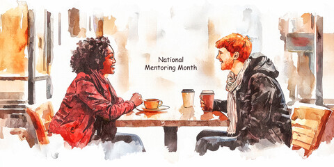 National Mentoring Month watercolor illustration featuring a mentor and mentee talking over coffee.