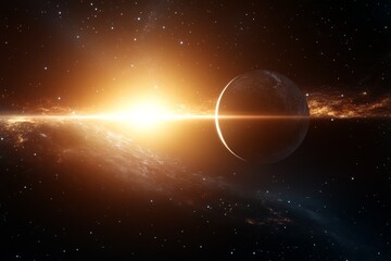 Naklejka premium Majestic view of a distant planet illuminated by a vibrant star in deep space