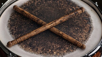 Unique wooden drumsticks resting on a textured snare drum surface in low light