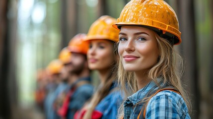 Group of forestry workers in helmets in a forest setting.