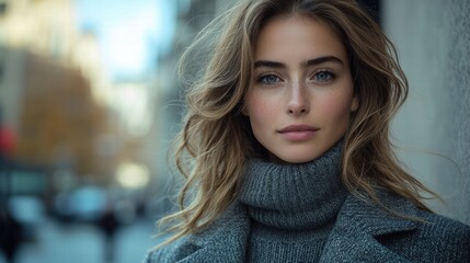 Obraz premium Elegant Woman with Natural Makeup in Urban Setting During Fall