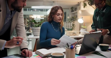 Business, laptop and people planning with documents for social media campaign or monitor industry trends. Digital marketing, creative strategy or SEO graphs for KPI metrics or data analysis at night - Powered by Adobe