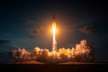 Rocket launch into the night sky with flames and smoke at a space center