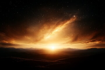 Vibrant sunset over mountain landscape with starry sky in the background