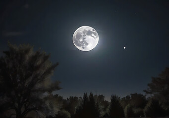 Dark Full Moon Shines Brightly In A Space Above The Nighttime Sky.