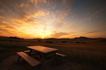Sunset over a picnic table in a scenic landscape with soft clouds and rolling hills