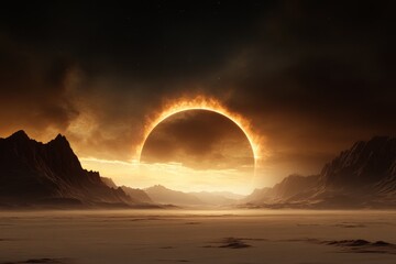 Dramatic sunset over mountain range with a glowing sky and silhouette of distant peaks