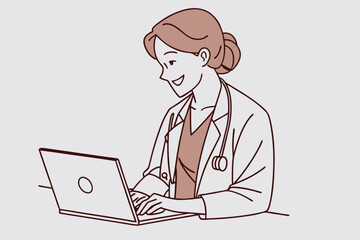 A happy white coat therapist in laptop.