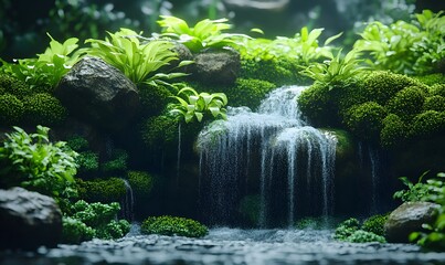 Fototapeta premium the waterfall cascading over moss-covered rocks in the heart of the rainforest