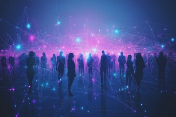 Fototapeta premium Digital Impressionist Artwork of People Connected by Glowing Neon Lines in Deep Blues and Purples, Creating a Gigapixel Visual Experience
