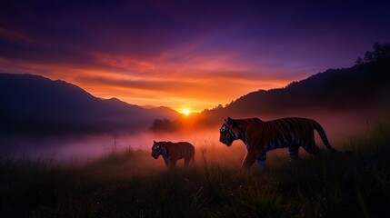Majestic Tigers at Sunrise in Misty Mountains