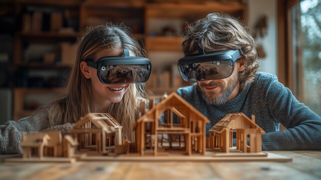 Father and daughter exploring architectural models using AR glasses