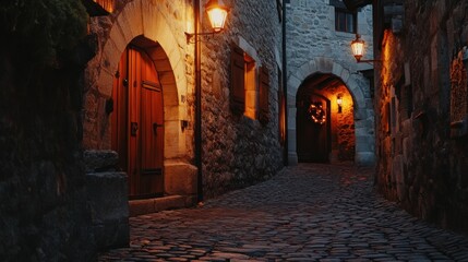 Cobblestone alleyway at dusk, illuminated by vintage lanterns, featuring aged stone buildings and arched doorways.