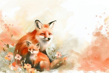 Obraz premium A mother fox is holding her baby fox