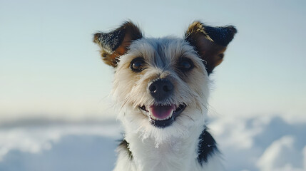 A jubilant terrier sitting on snow with its ears perked up beaming at the camera.