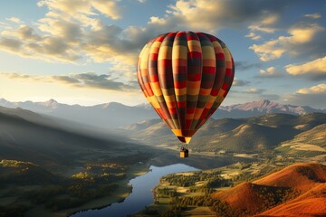Obraz premium Sunset and flight of a large hot air balloon aerostat over mountains with a river.