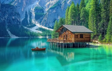 Fototapeta premium Wooden Cabin Overlooking a Mountain Lake