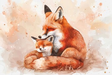 A mother fox is holding her baby fox