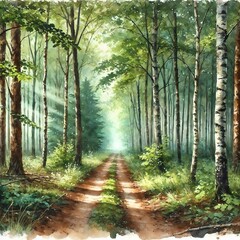 Fototapeta premium Forest pathway disappearing into trees in soft watercolor tones