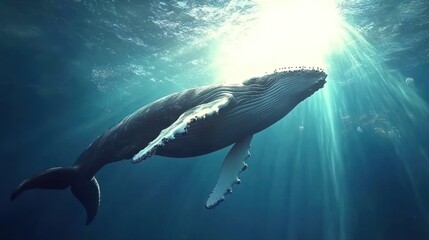Fototapeta premium Majestic humpback whale gracefully swimming underwater, sunbeams illuminating its form.