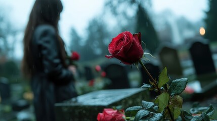 A close-up of a hand holding roses, standing at an open grave in front of black tombstones. The background is blurred and out of focus, creating a somber atmosphere. A woman stands with her back,