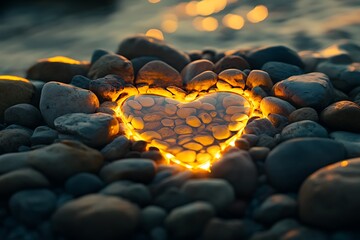Glowing heart shaped light on pebbles by the water at sunset