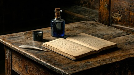 Open antique book, quill pen, inkwell, and blue potion bottle on a rustic wooden table.